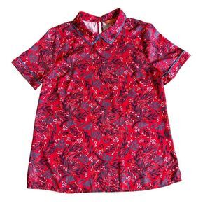 Modcloth Red Floral Collar Top Short Sleeve Small Keyhole Closure